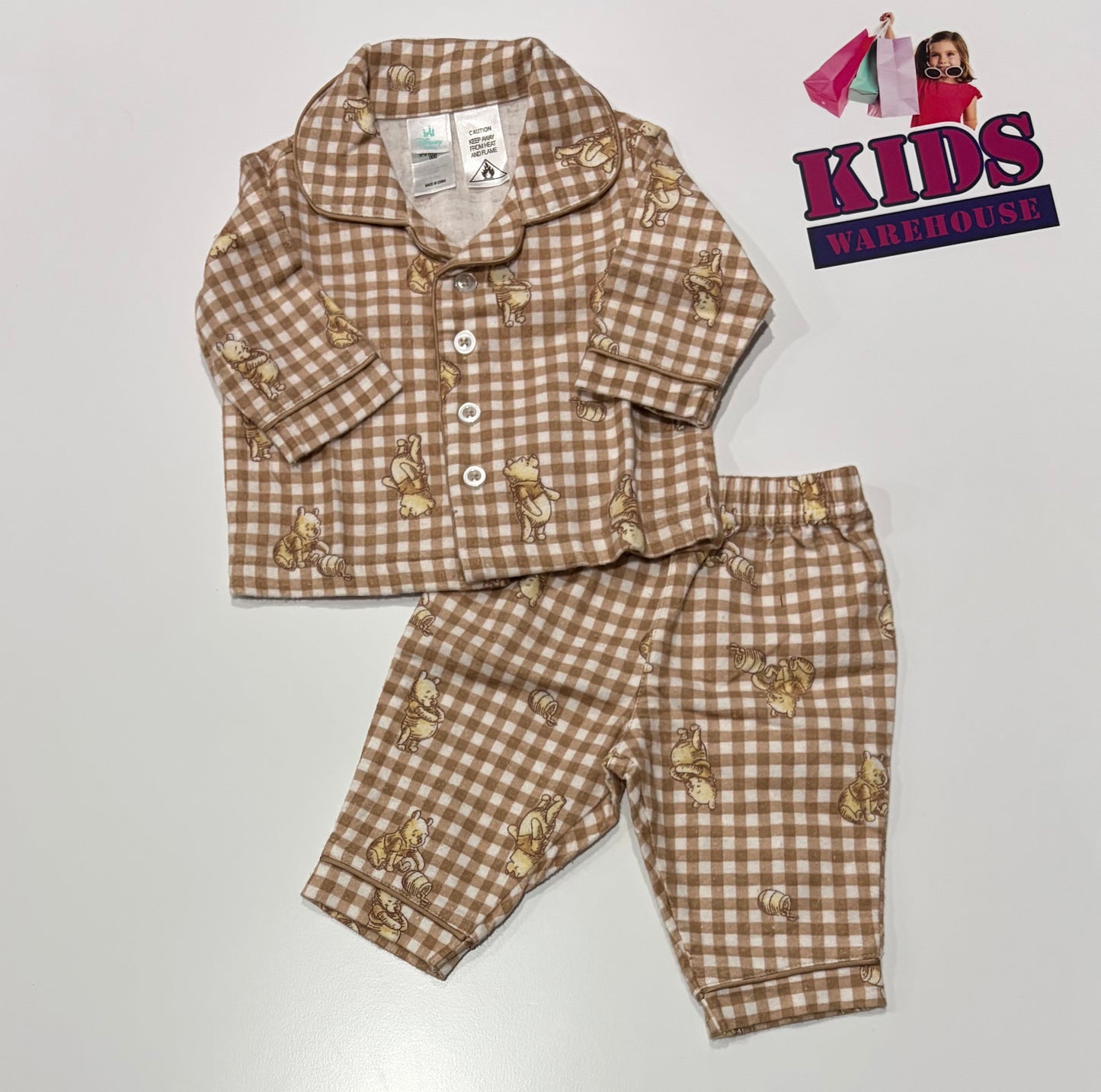 Disney White, Brown Check, Winnie The Pooh Print 2 Piece Pyjama Set Size 000