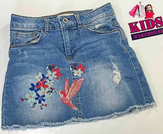 Zara Girls Blue Denim Skirt With Flower & Bird Print Size 10
