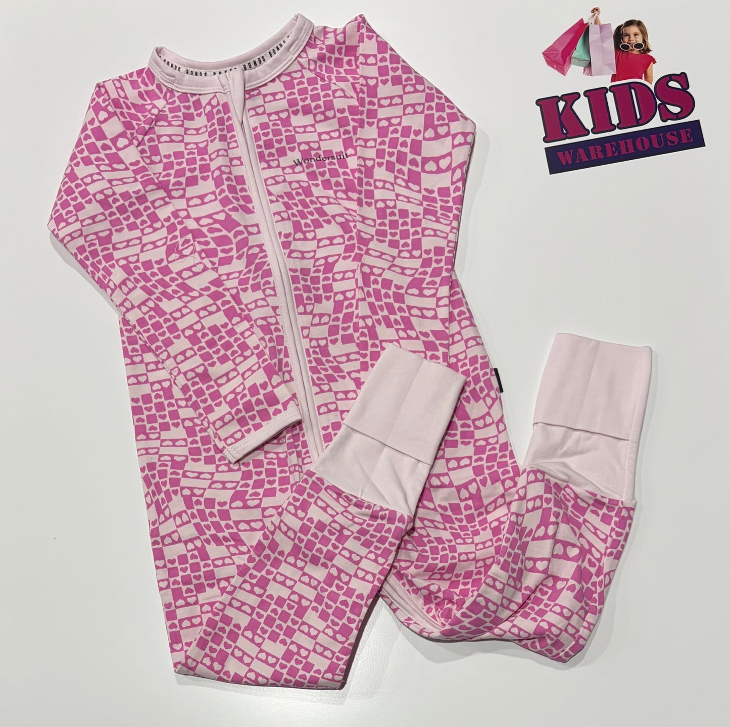 Bonds Wondersuit White, Pink Heart Print Jumpsuit Size 3