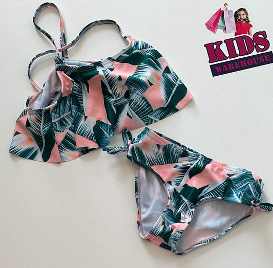 Green, White & Pink Leaf Pattern Bikini Size 3