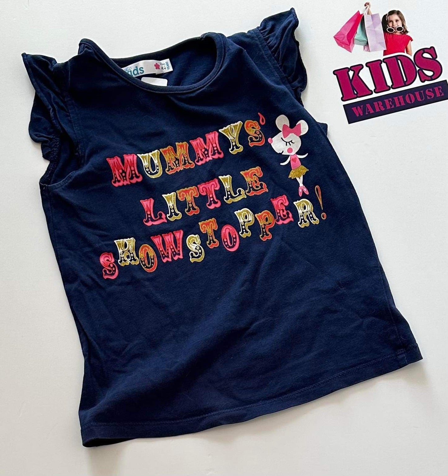 Blue “Mummy’s Little Showstopper” Sparkle Letter Graphic Top Size 4