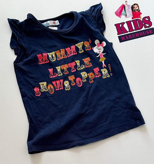 Blue “Mummy’s Little Showstopper” Sparkle Letter Graphic Top Size 4