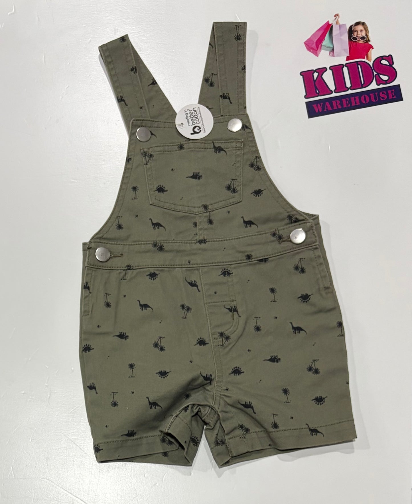 Not Used Young Original Dark Green, Black Dinosaur Print Overalls Size 1