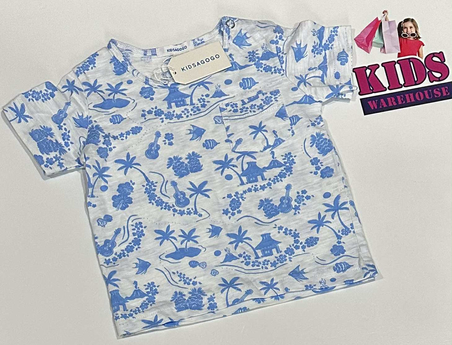 New Kidsagogo White & Blue Top With Beach Style Pattern Size 0