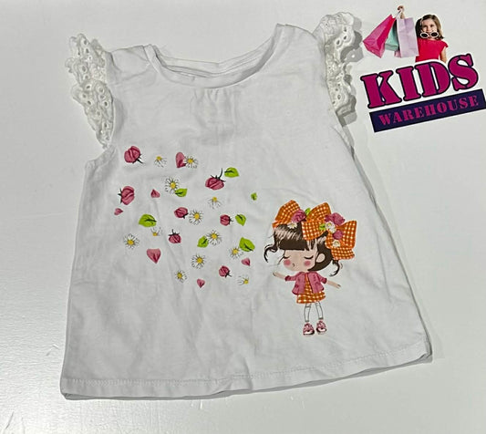 Ollies Place White Top With Pink Girl & Flower Print Size 1