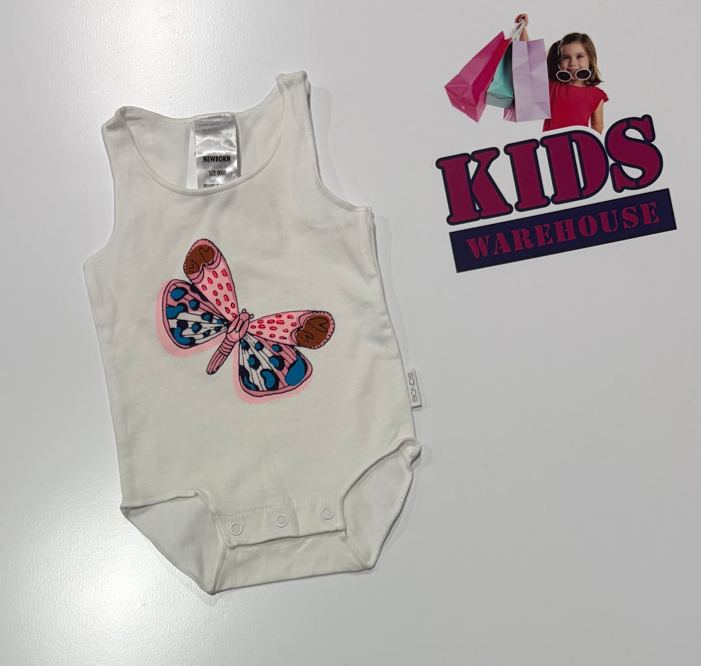Not Used Bonds White, Buttefly Print Bodysuit Size 0000