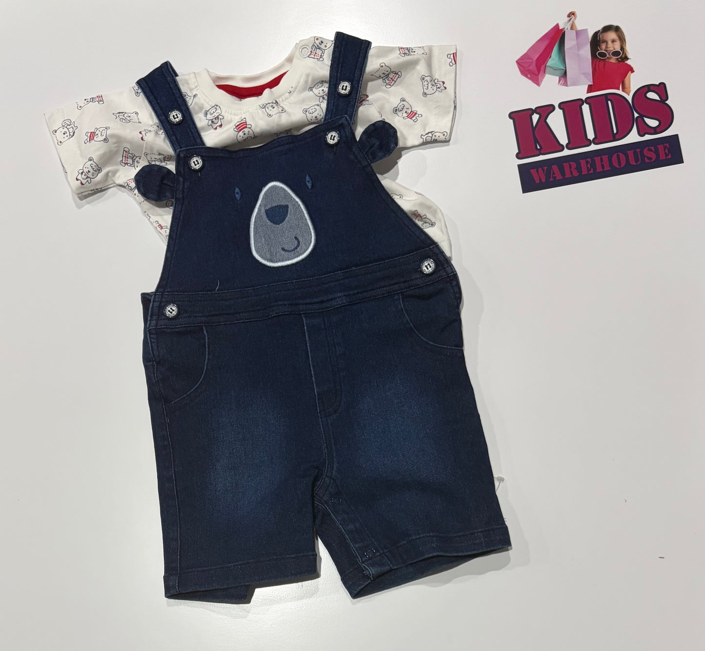 Wonderchild Navy, Overalls & White Bear Print Top Size 1