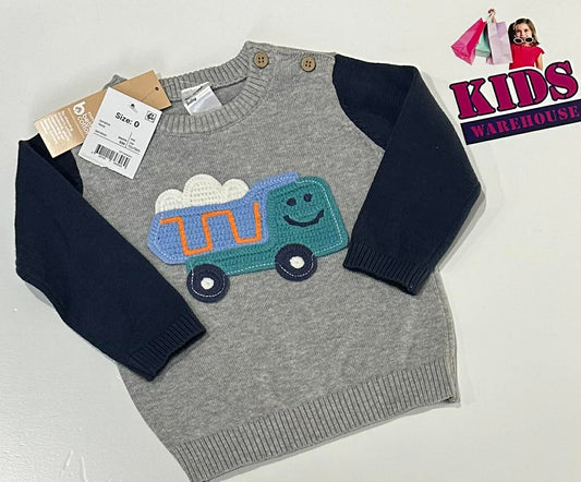 New Anko Grey & Blue Knit Jumper With Truck Print Size 0