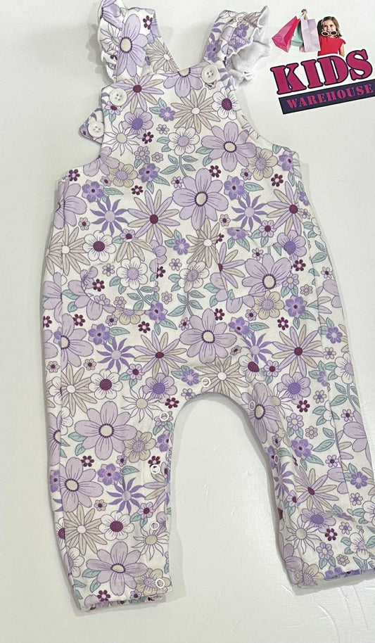 New Baby Berry White & Purple Overalls With Flower Pattern Size 0 (RRP $16)