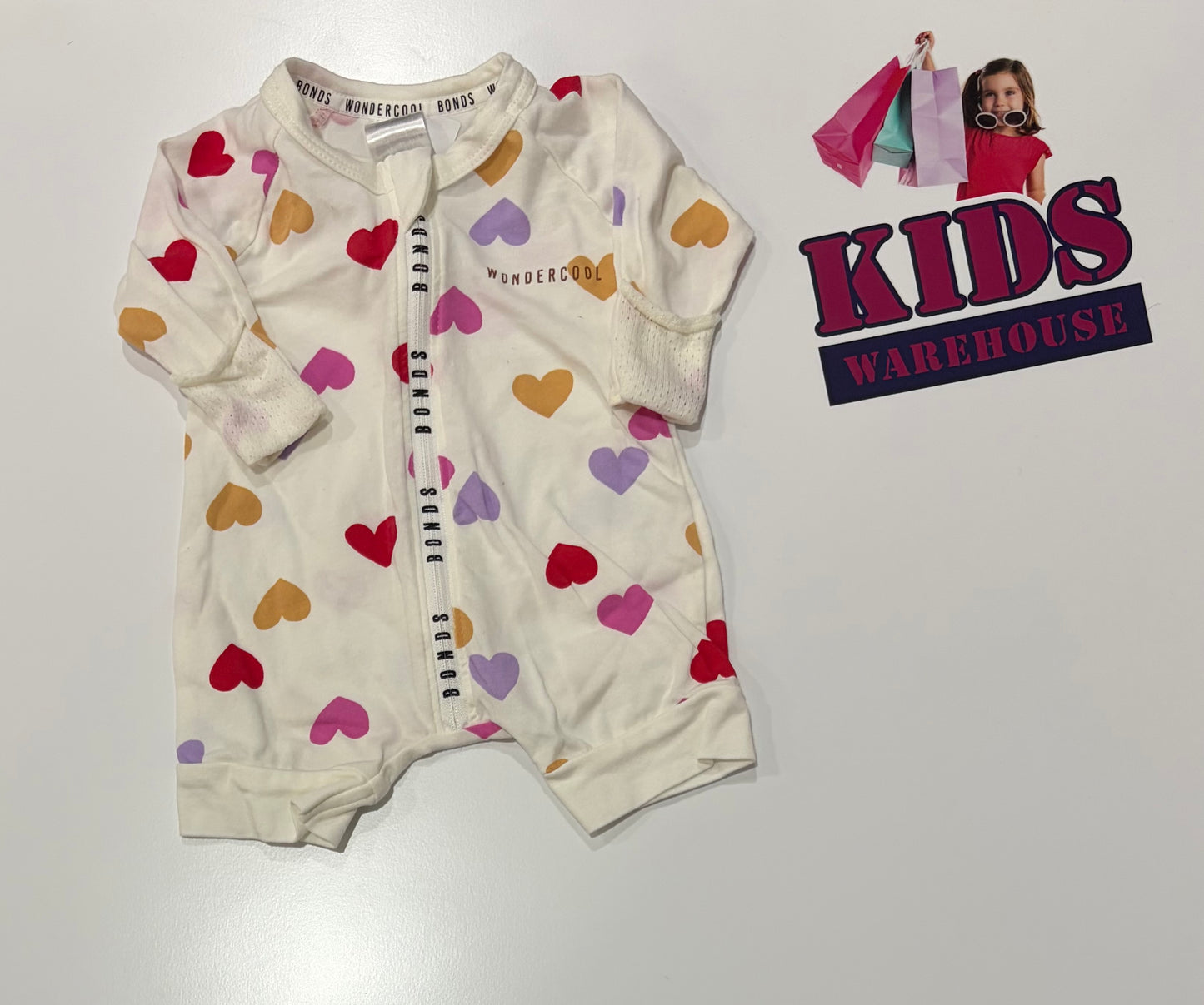 Bonds Wondercool White, Purple, Yellow, Red Polka Heart Print Jumpsuit Size 00000