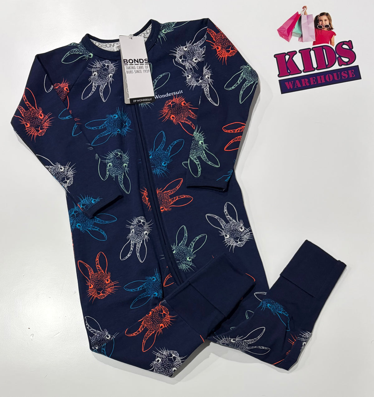 Not Used Bonds Navy Blue, Rabbit Print Wondersuit Size 2