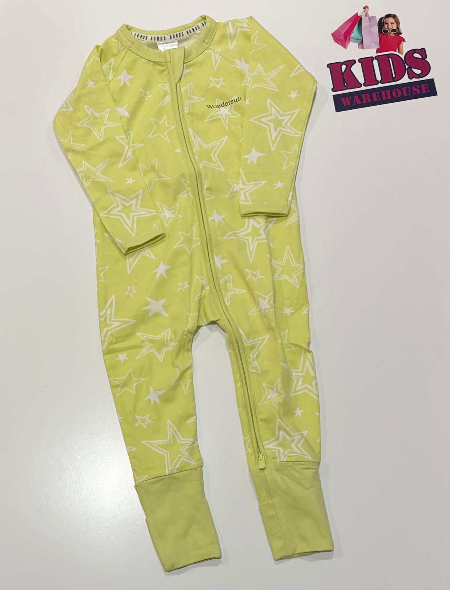 Bonds Wondersuit Lime, White Star Print Jumpsuit Size 1