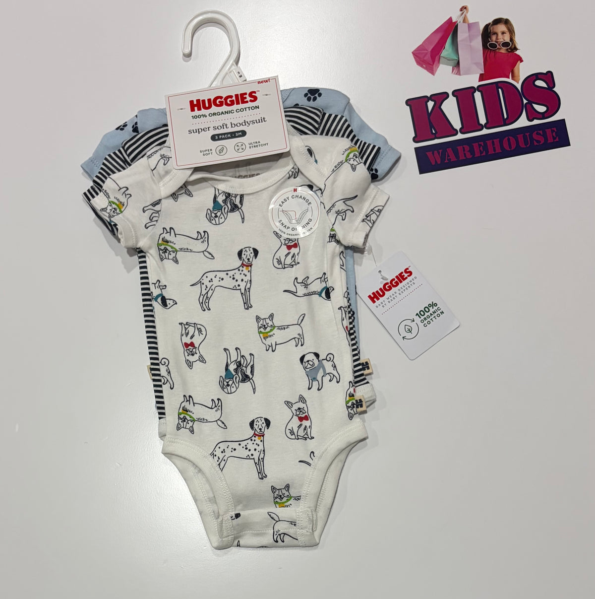 Not Used Huggies White, Dog Print, Blue Paw Print & Black, White Stripe 3 Piece Bodysuit Set Size 0000