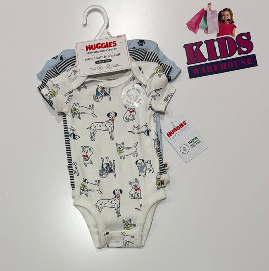 Not Used Huggies White, Dog Print, Blue Paw Print & Black, White Stripe 3 Piece Bodysuit Set Size 0000