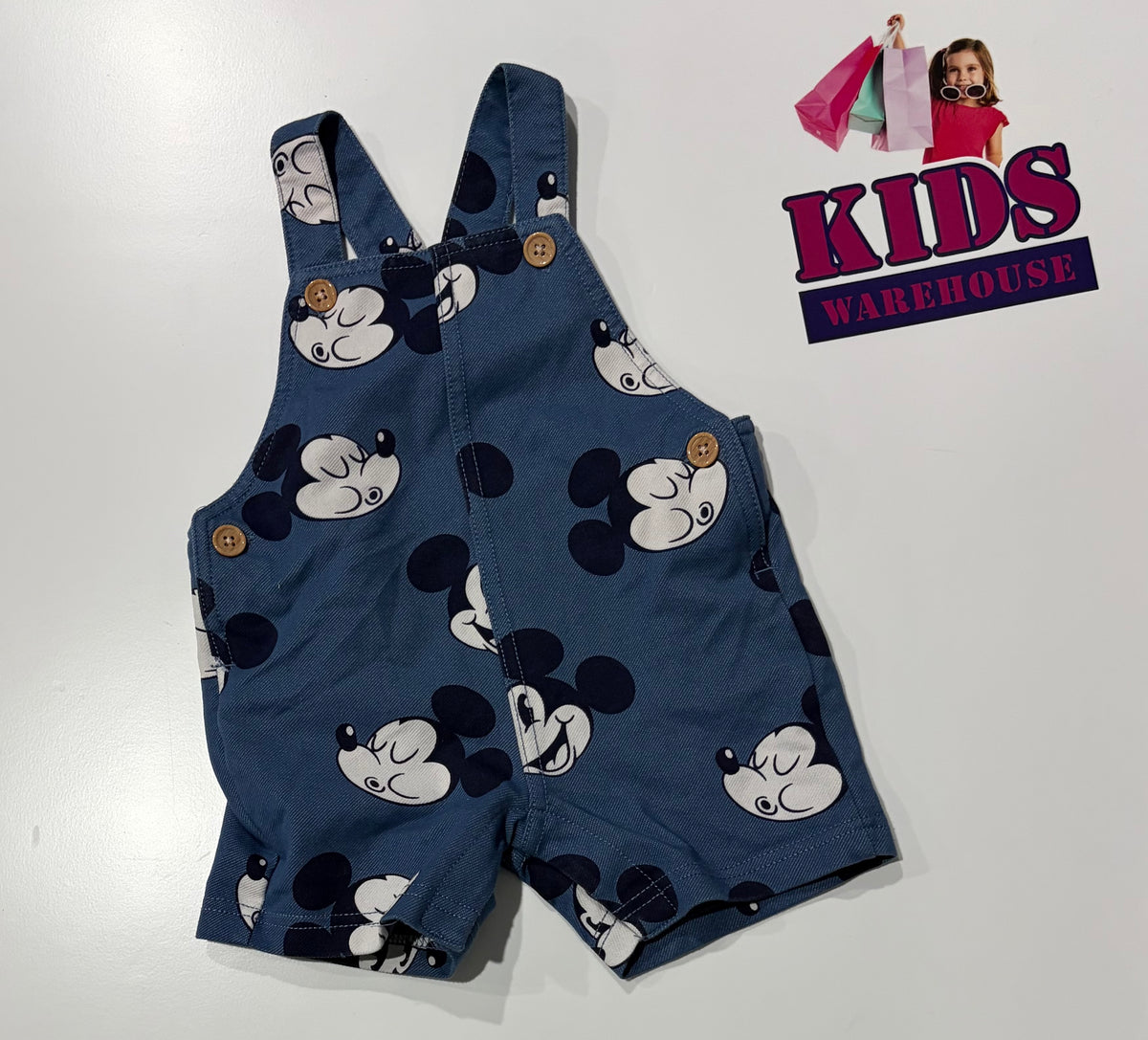 Disney Denim Blue, Mickey Mouse Print Overalls Size 00