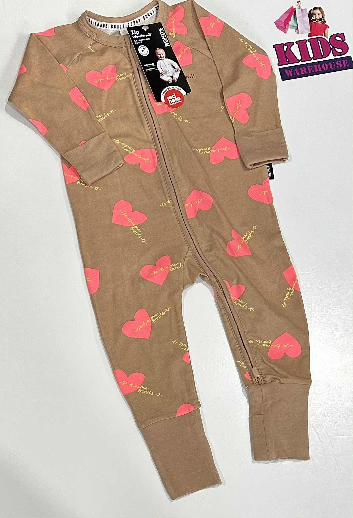 New Bonds Brown Jumpsuit With Pink Heart Pattern Size 0 (RRP 28.99)