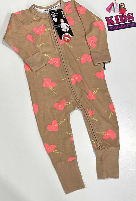 New Bonds Brown Jumpsuit With Pink Heart Pattern Size 0 (RRP 28.99)