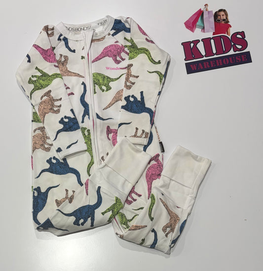 Bonds Wondersuit White, Coloured Dinosaur Print Jumpsuit Size 1