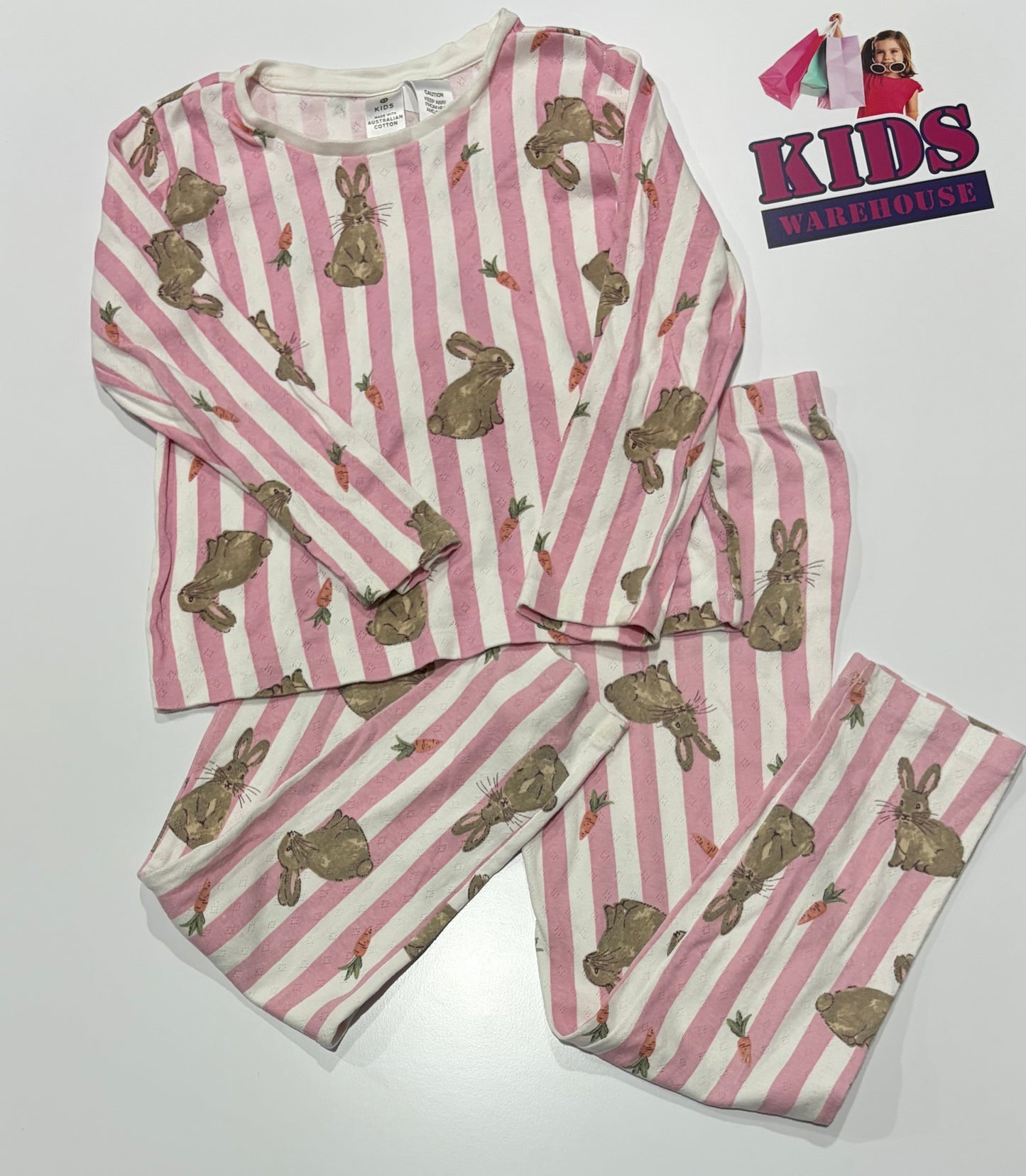 Pink, White Stripe Bunny Print 2 Piece Pyjama Set Size 6
