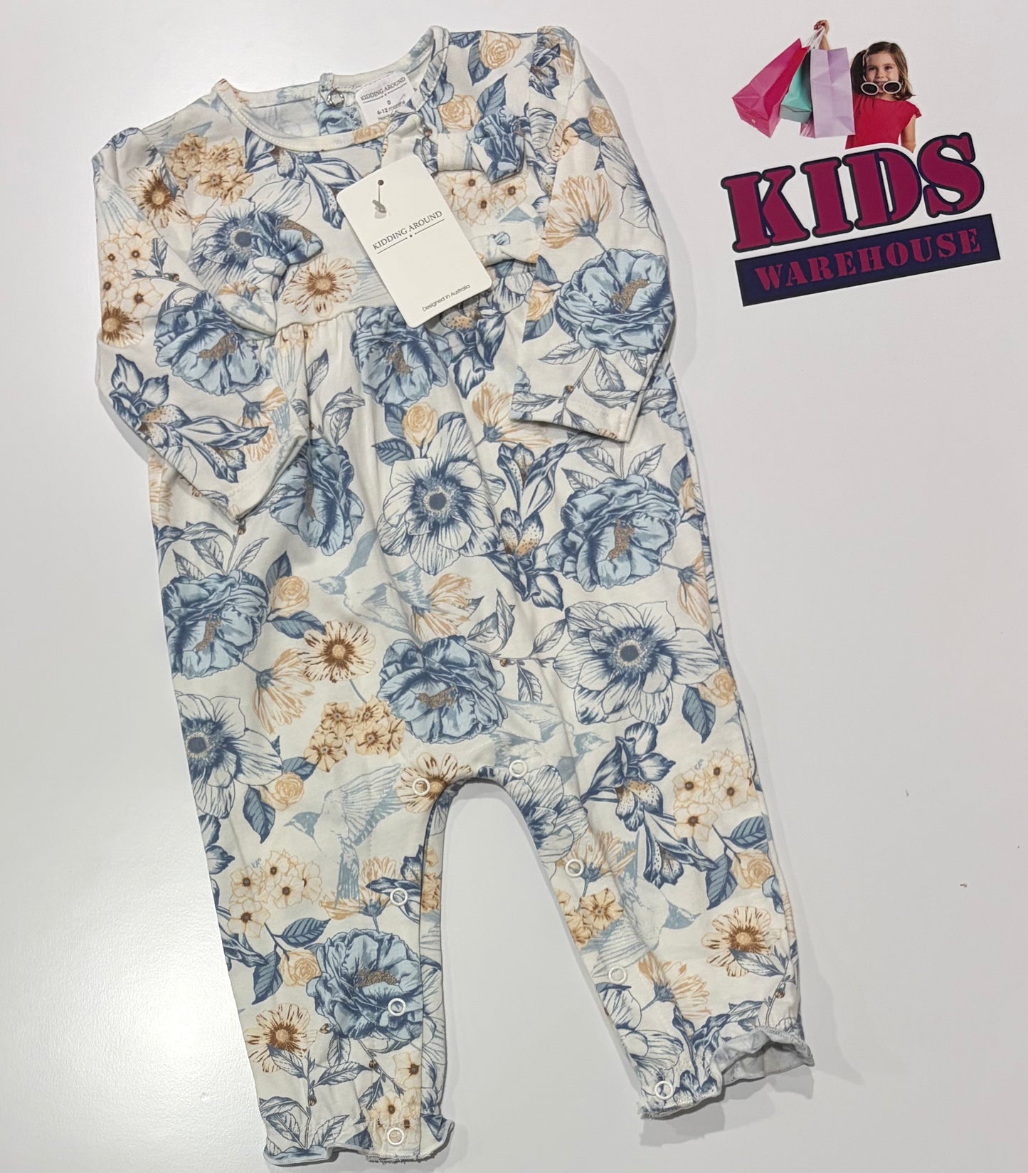 Not Used Kidding Around White, Blue Floral Print Jumpsuit Size 0