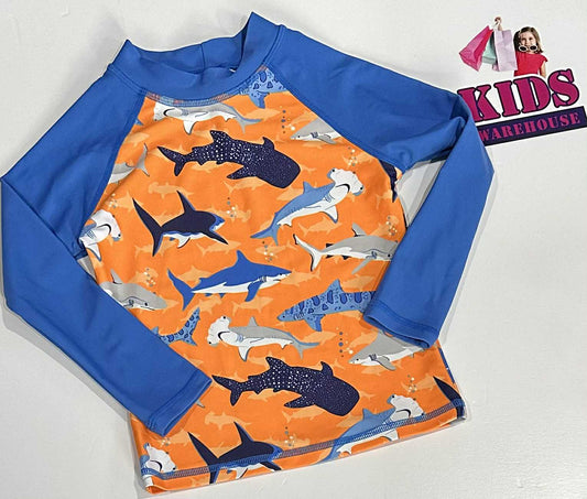 Ollies Place Blue & Orange Swimming Top With Shark Pattern Size 3