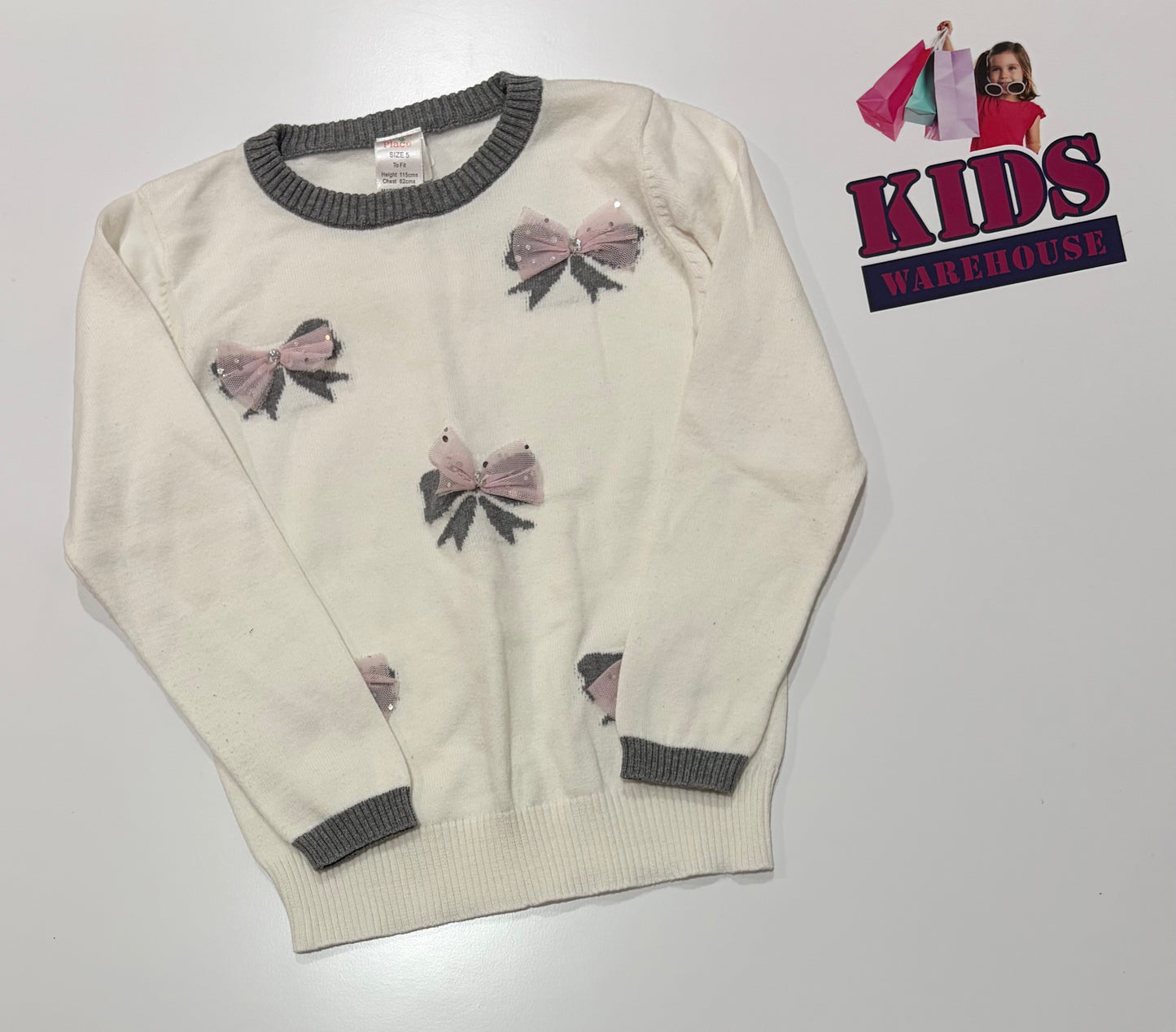 Ollie's Place White, Pink, Grey Bow Long Sleeve Top Size 5