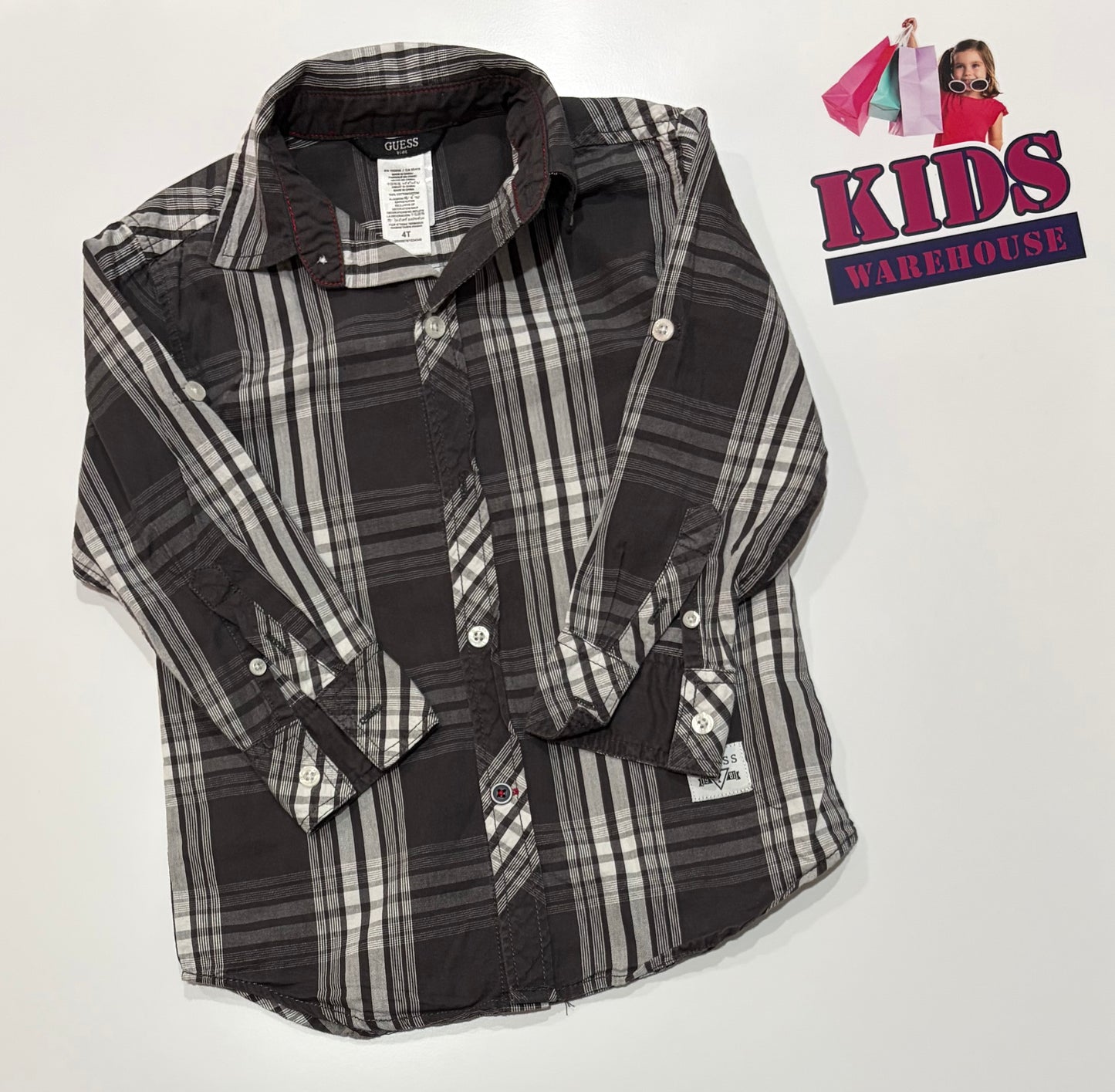 Guess Grey, White Striped Check Long Sleeve Top Size 4
