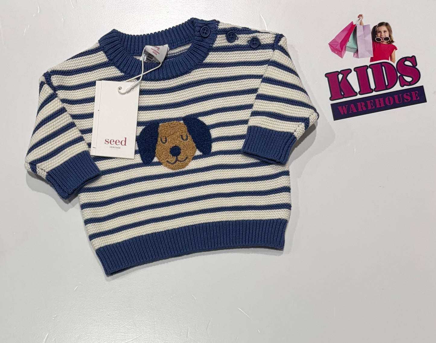 Not Used Seed Heritage Blue, White Stripe Dog Print Sweater Size 0000