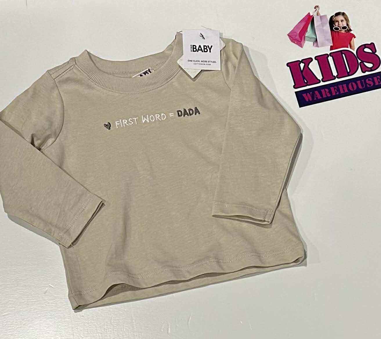 Cotton On White Long Sleeve Top With “First Word = Dada” Print Size 000