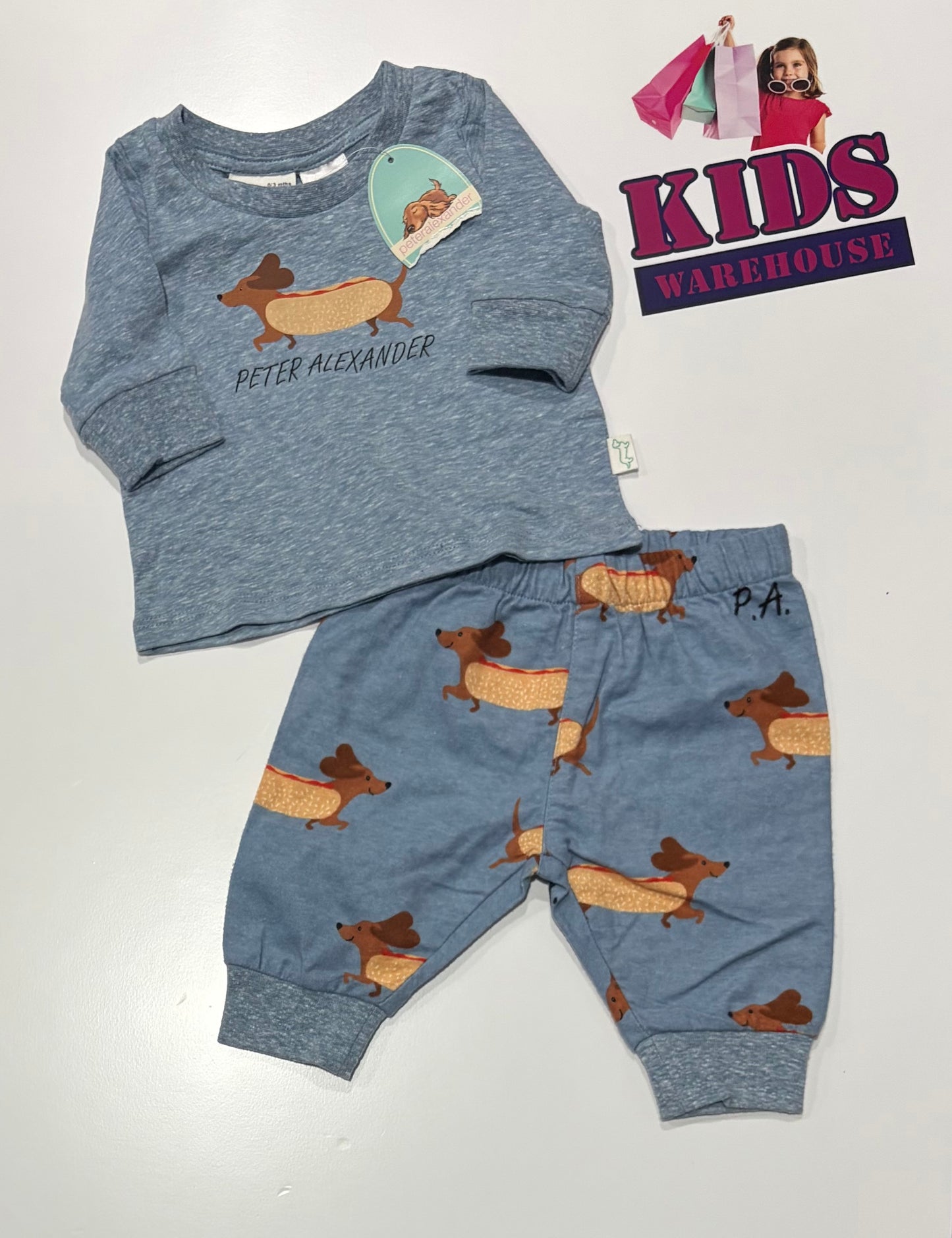 Not Used Peter Alexander Blue Sausage Dog Print 2 Piece Pyjama Set Size 000