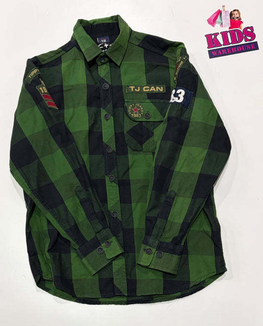 Jean De Nimes Tippy, Green, Black Checked Long Sleeve Top Size 12