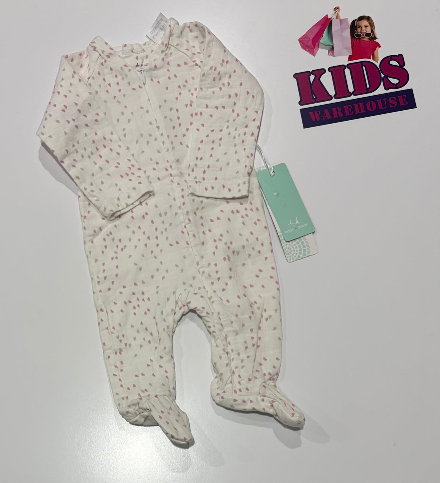 Aden + Anais White, Pink Polka Heart Print Jumpsuit Size 000