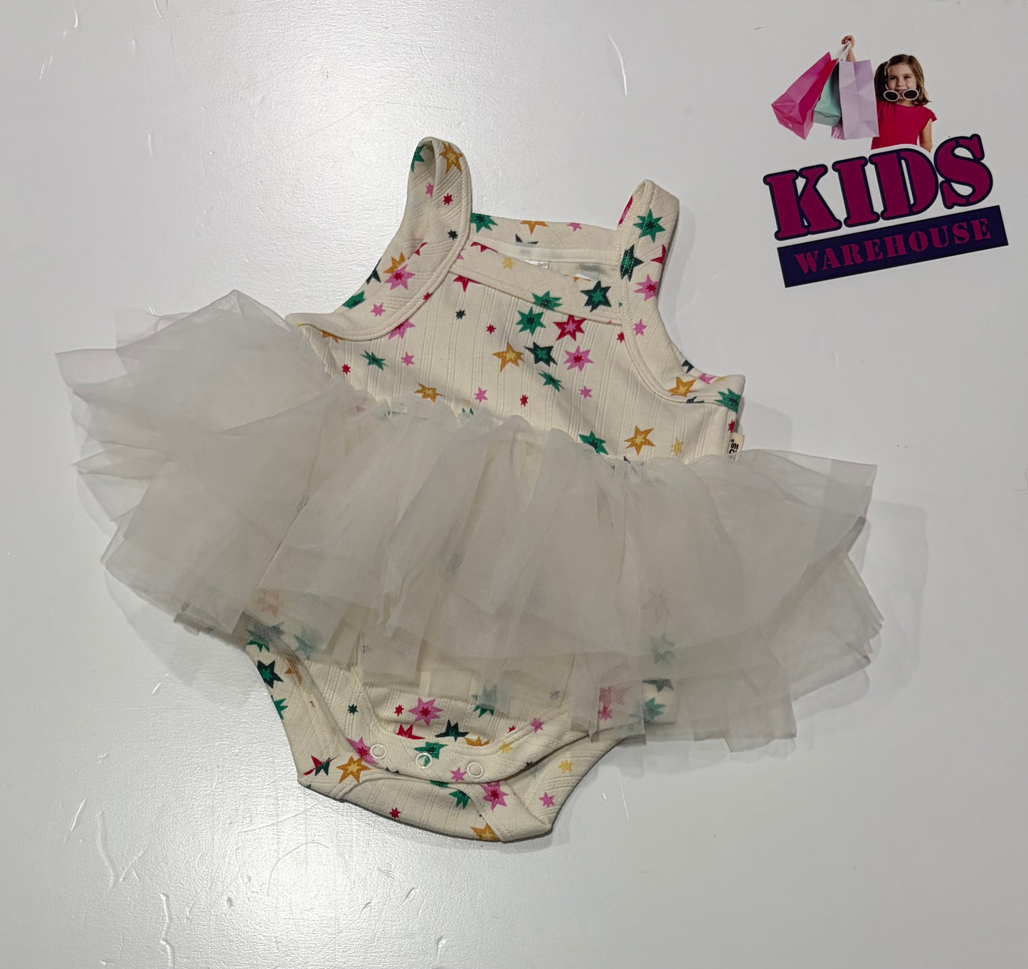 Bonds Cream, Star Print Skirted Bodysuit Size 000