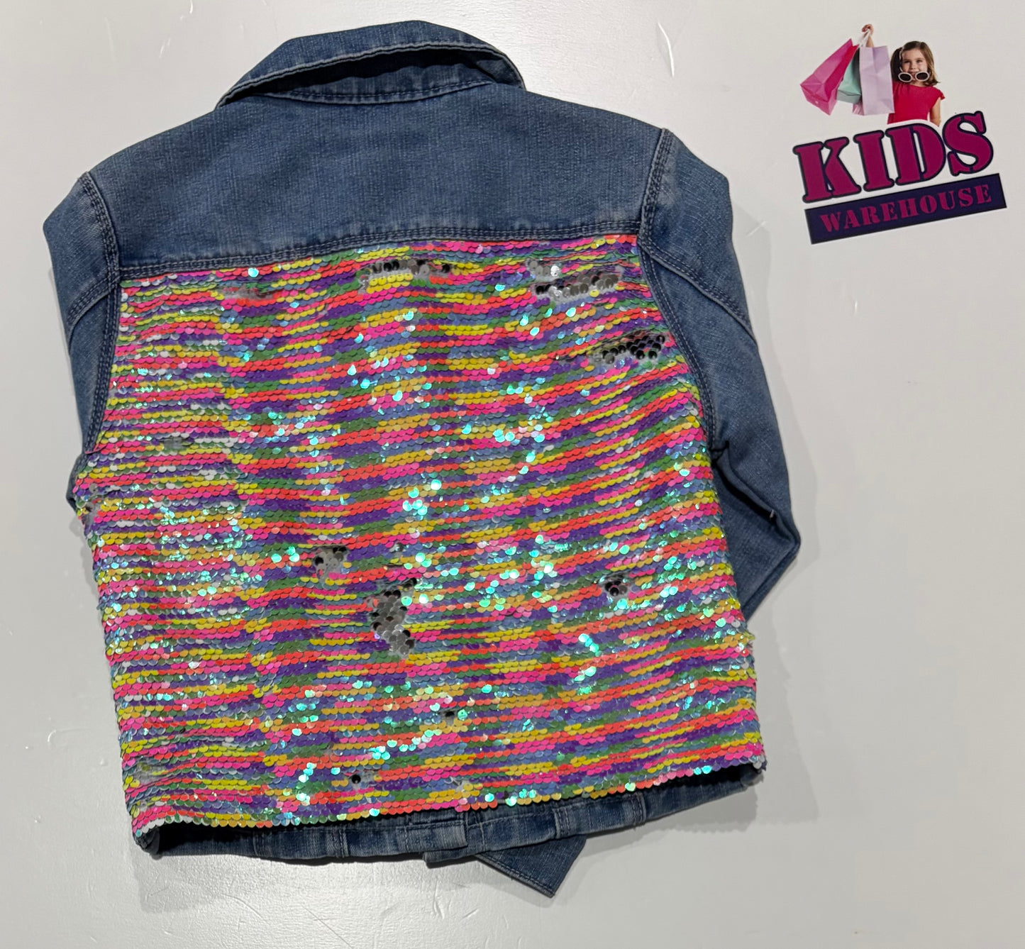 Poured In Blue Denim Jacket With Rainbow Sequin Back Size 8