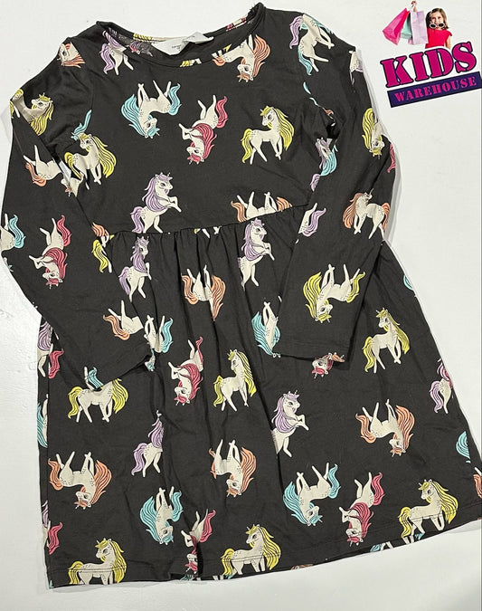 H&M Black Dress With Unicorn Pattern Size 7