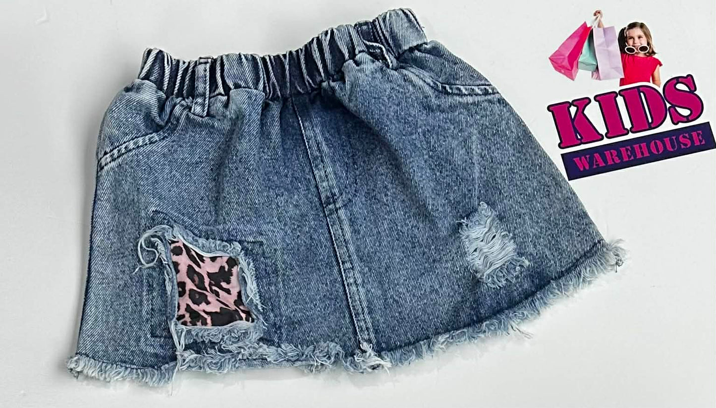 Blue Denim Skirt With Pink Leopard Pattern Patch Size 0