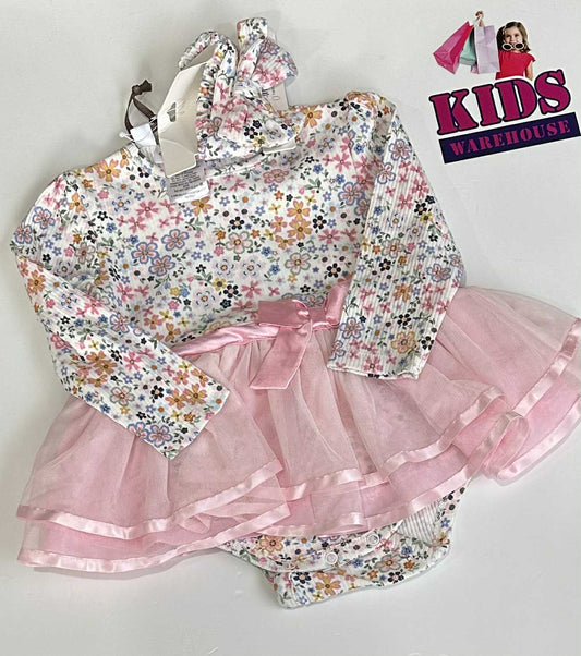 New Origami White & Pink Bodysuit With Tutu & Flower Pattern Size 1