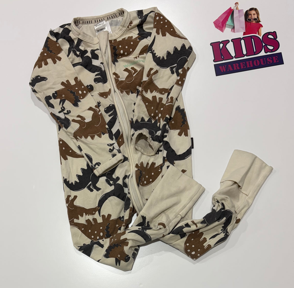 Bonds Cream, Brown, Grey Dinosaur Print Wondersuit Size 2
