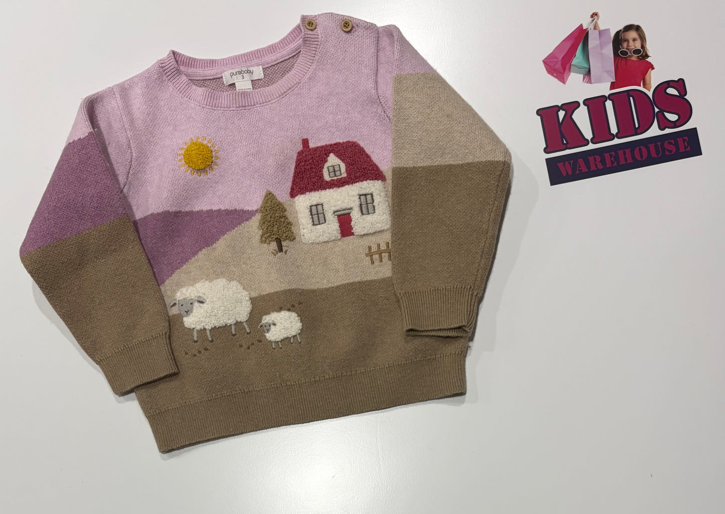 Purebaby Pink, Brown Farm House Print Knit Sweater Size 3