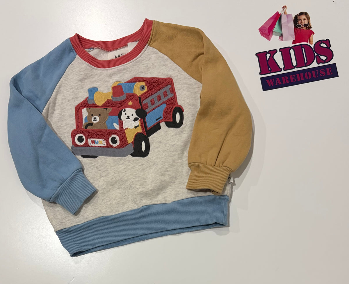 Hux White, Blue, Yellow Fire Truck Print Sweater Size 3