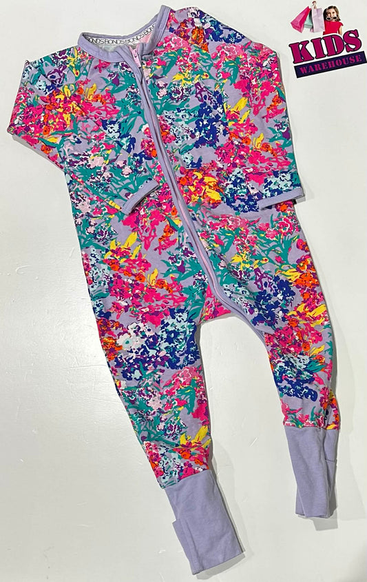 Bonds Purple Wondersuit With Pink, Blue & Green Flower Pattern Size 2