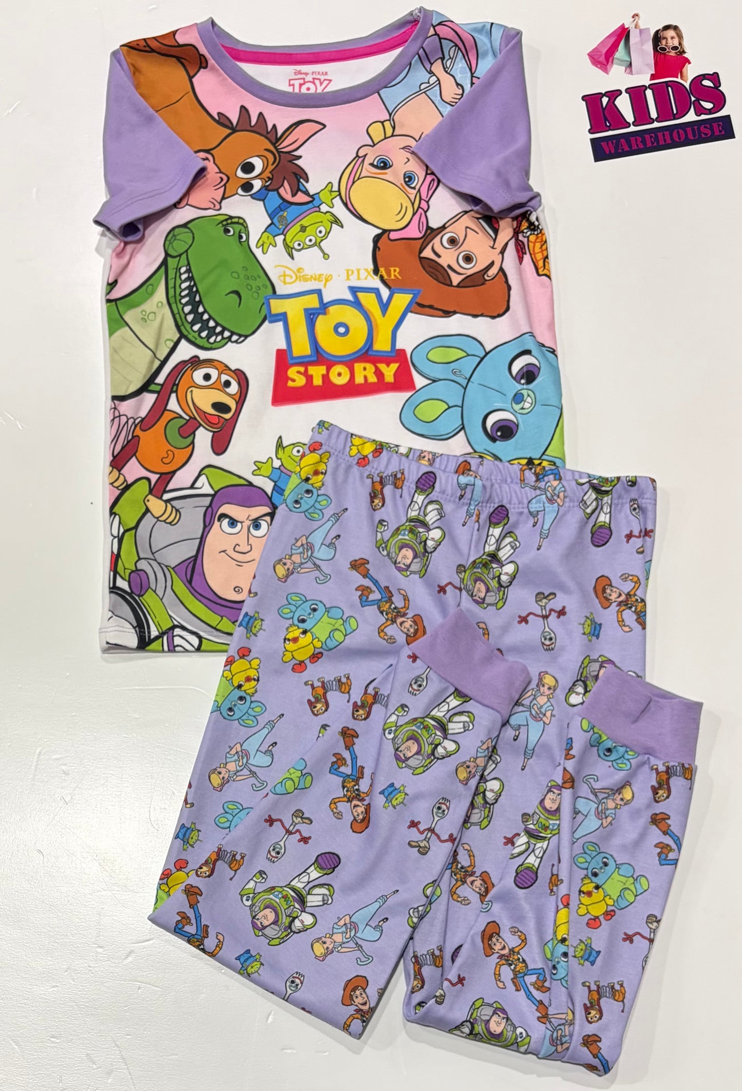 Toy Story White, Characters Print Shirt & Purple, Character Print Pants 2 Piece Pyjama Set Size 8