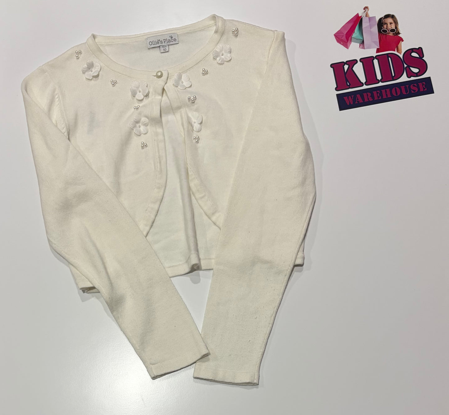 Ollie's Place White Pearl Crop Cardigan Size 10