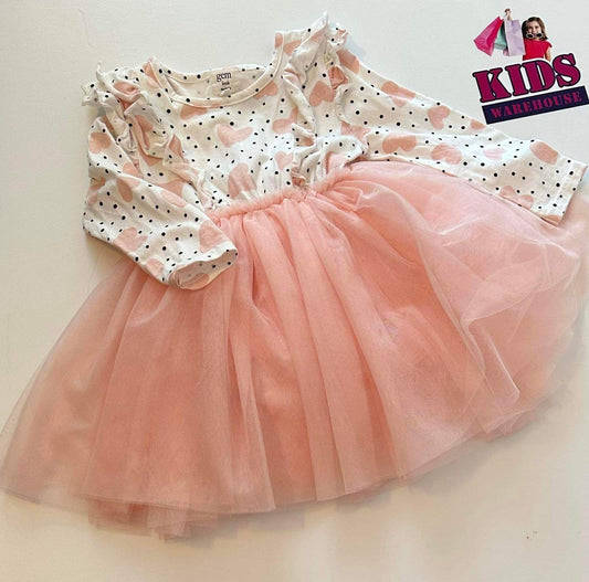 Gem White & Pink Heart Long-Sleeve Tutu Dress Size 1