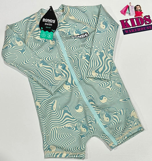 New Bonds White & Blue Swim Bodysuit With Ying and Yang Pattern Size 2