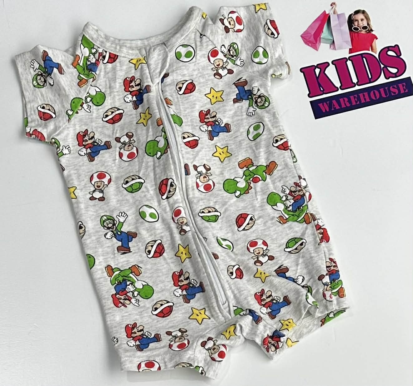 Super Mario Grey Bodysuit With Super Mario Characters Print Size 000