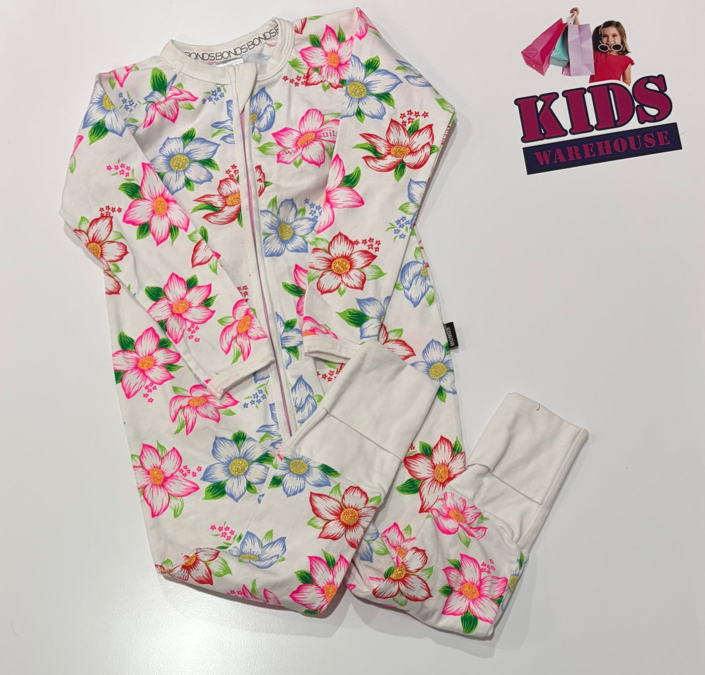 Bonds Wondersuit White, Floral Print Jumpsuit Size 2
