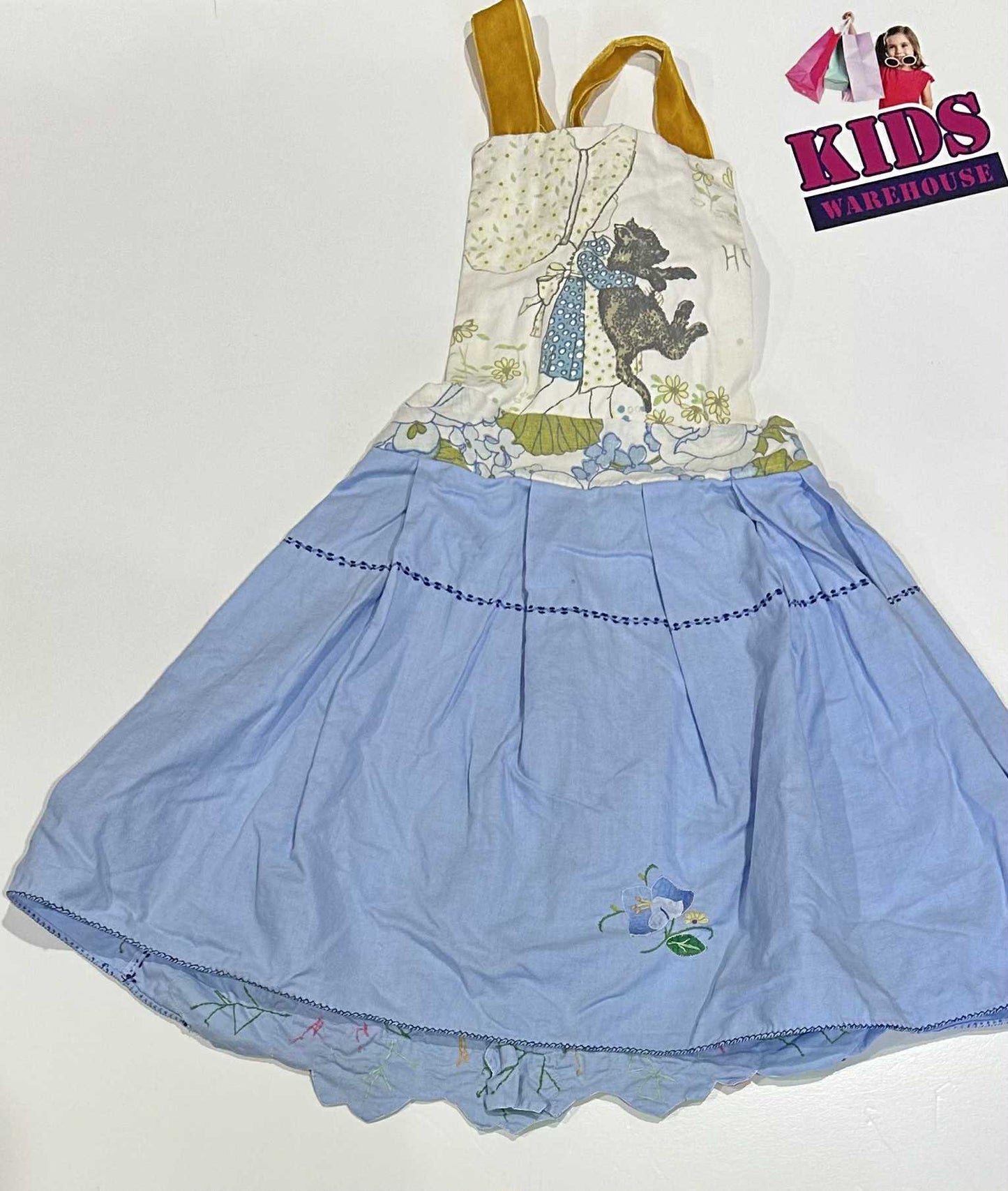 Handmade Blue & White Dress With Flower Pattern Size 3