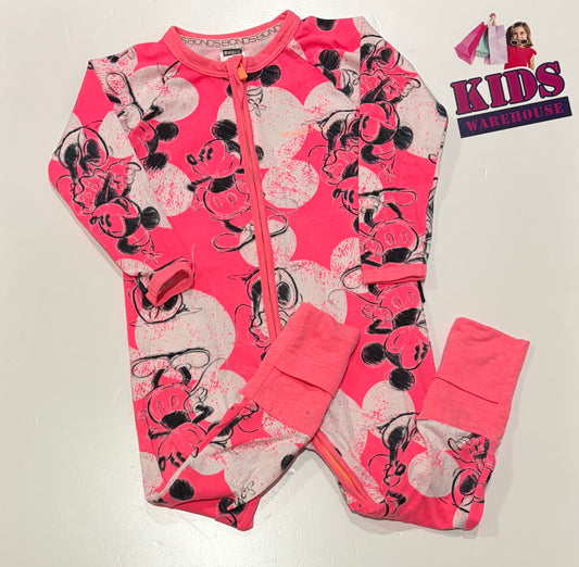 Bonds Wondersuit Pink, Mickey Mouse Print Jumpsuit Size 1