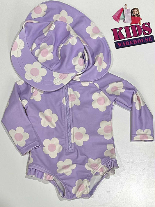 Target Purple Swim Suit + Hat With White Flower Pattern Size 00